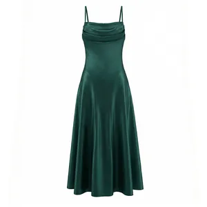 Elegant dark green satin slip dress featuring a cowl neck and backless evening design.