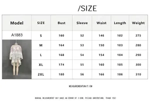 Detailed size chart for Bohemian floral ruffle mini dress in CM and grams for accuracy