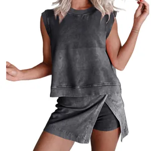 Detailed view of women's vintage acid wash two-piece outfit featuring sleeveless top and skort