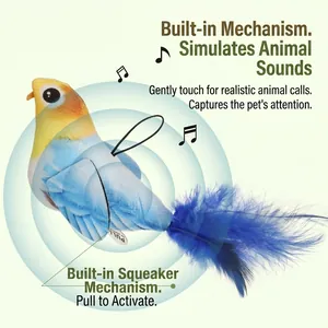 Interactive electronic chirping bird cat toy with lifelike sound and soft feathers.