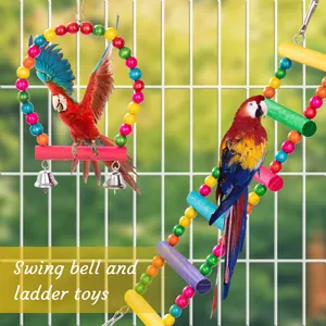 Vibrant parrot toy set featuring a colorful bead swing with bells and a climbing ladder.