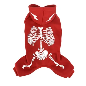 Red Halloween dog costume featuring a white skeleton bone print with a hooded design