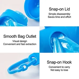 Blue bone-shaped dog poop bag dispenser showing hook and smooth dispenser details
