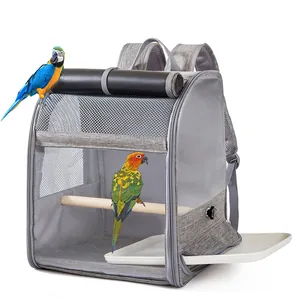Grijze vogelrugzak voor papegaaien met ademend gaas en interne houten zitstok