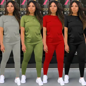 Women's casual two-piece set featuring short sleeve T-shirt and leggings in four colors