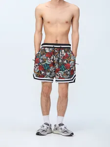 Men's athletic shorts with skull rose print featuring white stripes and drawstring waist