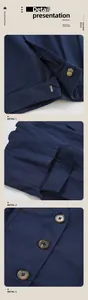 Macro view of navy blue cotton-linen fabric texture, zipper, pockets, and buttons.