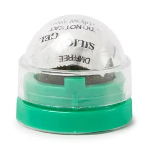 Detail view of catnip ball toy with clear protective cover and green base.