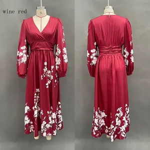 Front and back view of wine red floral V-neck maxi dress with pleated waist