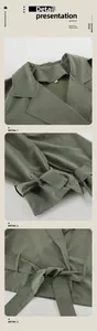 Detailed views of a sage green women's trench coat with large lapels and belted waistline