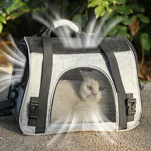 Grey portable breathable cat carrier bag with mesh window and shoulder strap for travel