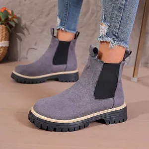 Botines Chelsea de Gamuza para Mujer Moda Punta Redonda Slip On Botas Martin Tacón Grueso Antideslizante Casual para Otoño Primavera