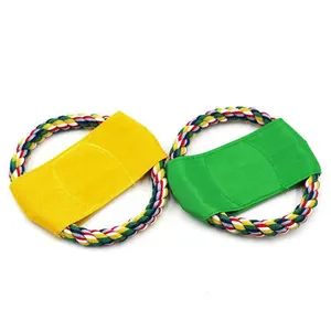 Detail view of colorful yellow and green durable canvas rope flying discs for pet dogs