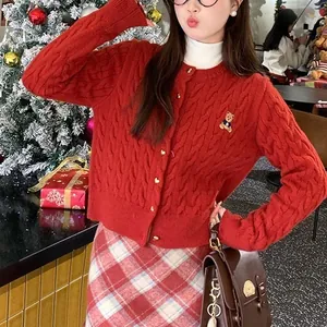 Red cable knit cardigan with bear embroidery for women, Korean style winter top
