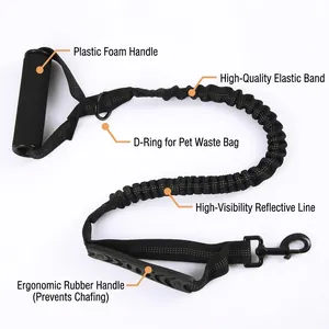 Heavy duty reflective bungee dog leash with dual padded handles for large dogs
