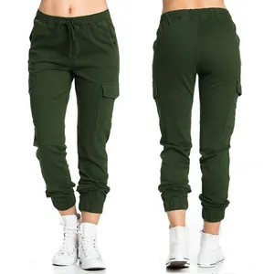 Detailed front and back view of women's olive green cargo joggers with drawstring waist