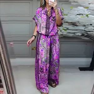 Bohemian style two-piece summer set with purple paisley print top and wide-leg pants