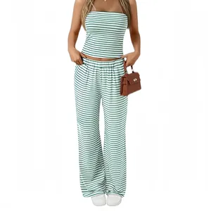 Casual women's two-piece set featuring green striped tube top and wide-leg trousers