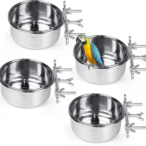 Set of 4 stainless steel bird cage food and water bowls with mounting wing nuts