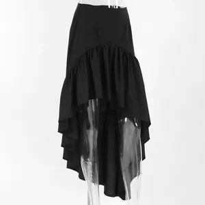 Close-up detail of the asymmetric ruffled hemline on this black high-low A-line skirt