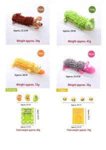 Detailed size and weight specifications for various plush interactive dog chew toys