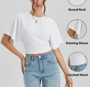 Detail view of a white short-style t-shirt featuring a round neck and batwing sleeves.