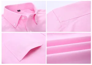 Detail views of a pink short-sleeved Oxford shirt showing collar and fabric texture