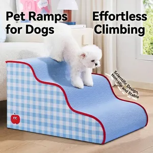 3-tier blue checkered pet ramp stairs for small dogs to access high beds and sofas