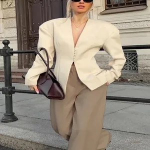 Dames Elegante Abrikoos Polyester Slim Peplum Blazer V-hals Gestructureerde Schouder Multi Knoop Woon-werkverkeer Bovenkleding