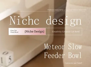 Detailed macro view of a ceramic slow feeder cat bowl in a warm lifestyle setting