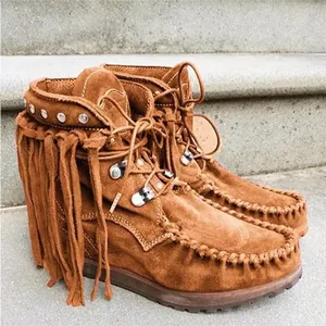 Close-up detail of brown suede fringe ankle boots featuring silver rivets and laces.
