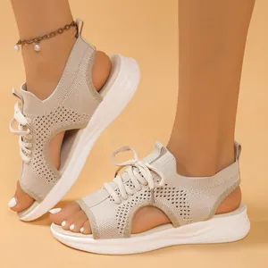 Women's Platform Sport Sandals Fly-Knit Hollow Out Lace-Up Soft Sole Roman Style Plus Size Beach Casual Walking Sandals