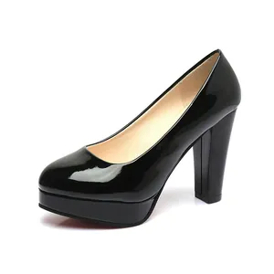 Escarpins Sexy en Cuir Verni à Bout Rond et Talon Épais pour Femmes Avec Plateforme Grandes Tailles Chaussures de Mariage