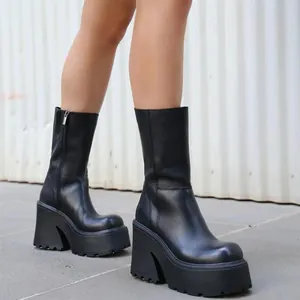 Stivali a Metà Polpaccio Donna Platform Tacco Largo Cerniera Laterale Tinta Unita Pelle PU Moda Streetwear Gothic Casual