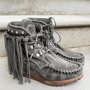 Detail view of grey suede fringe ankle boots featuring silver studs and platform soles