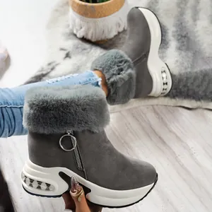 Side view of grey platform snow boots with thick white wedge sole and faux fur trim