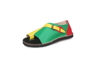 Detail view of multi-color leather flat sandals with adjustable buckle strap
