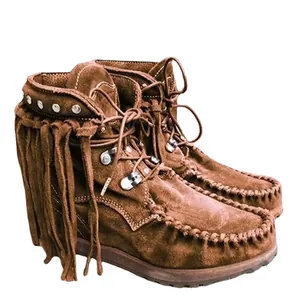 Classic brown suede fringe ankle boots with silver rivets and chunky platform sole
