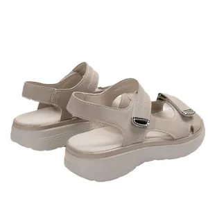 Sandali con zeppa da donna con cinturini in velcro, suola platform leggera in beige