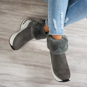 Close-up of grey women's snow boots with faux fur trim and platform sole.