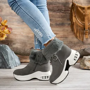 Close-up shot of gray faux fur snow boots featuring thick white platform soles.