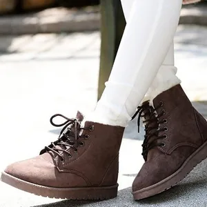 Stylish brown suede lace-up snow boots with warm faux fur lining and flat anti-slip sole