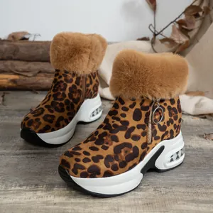 Stylish leopard print winter snow boots with platform sole and plush faux fur trim