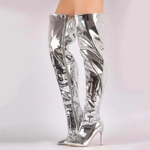 Women sexy Pointed Toe Over-the-Knee Boots Stiletto High Heels Mirror Patent Leather Thigh High Boots with Side Zipper Party Show Shoes