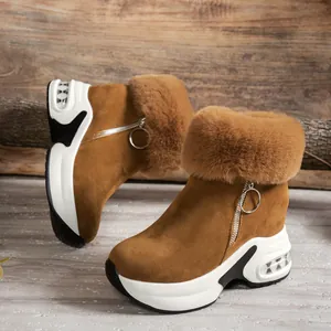 Stylish brown suede winter snow boots featuring plush faux fur collar and platform wedge soles