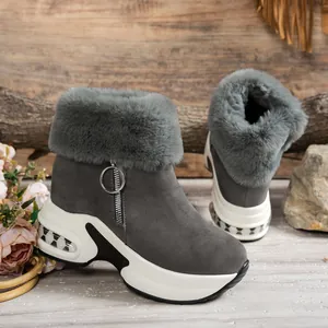 Women's grey platform snow boots with plush faux fur trim and side zipper detail