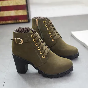 Elegant olive green high heel ankle boots with buckle and lace-up details for women.