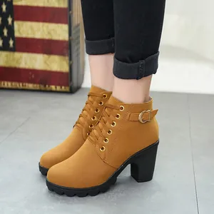 Tan lace-up high heel ankle boots with decorative side buckle for women fashion