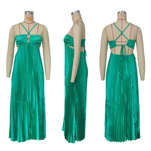 Three-angle view of elegant green pleated spaghetti strap maxi dress with sexy backless design
