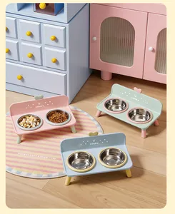 Elevated double stainless steel cat bowls in pastel pink, green and blue colors